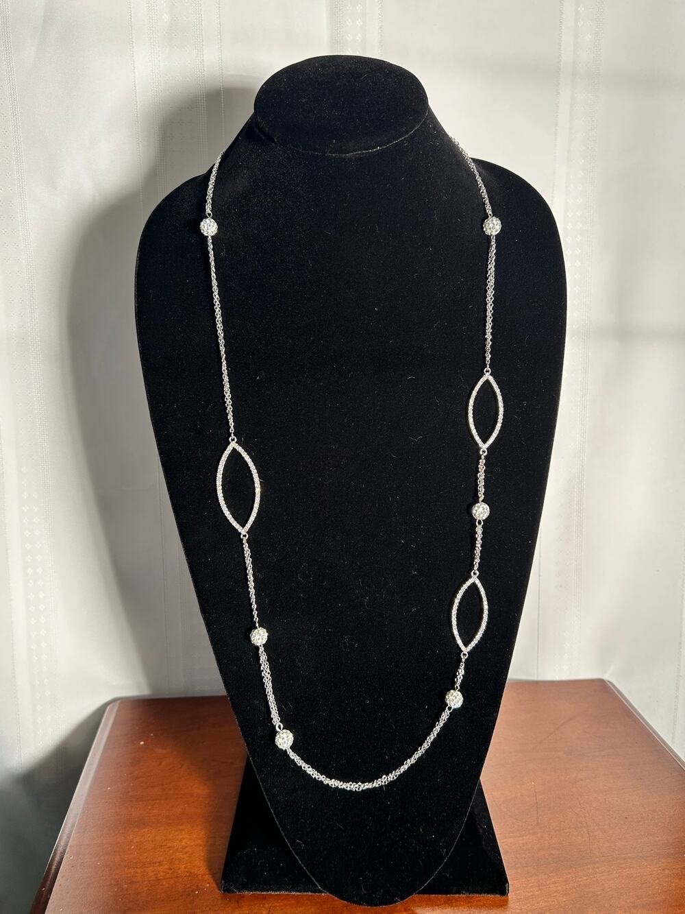 Silver Tone Pave Crystal Ball  Necklace Open Teardrop Drop Statement